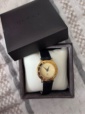 Gucci Gold Dial Black Leather Strap Women's Watch